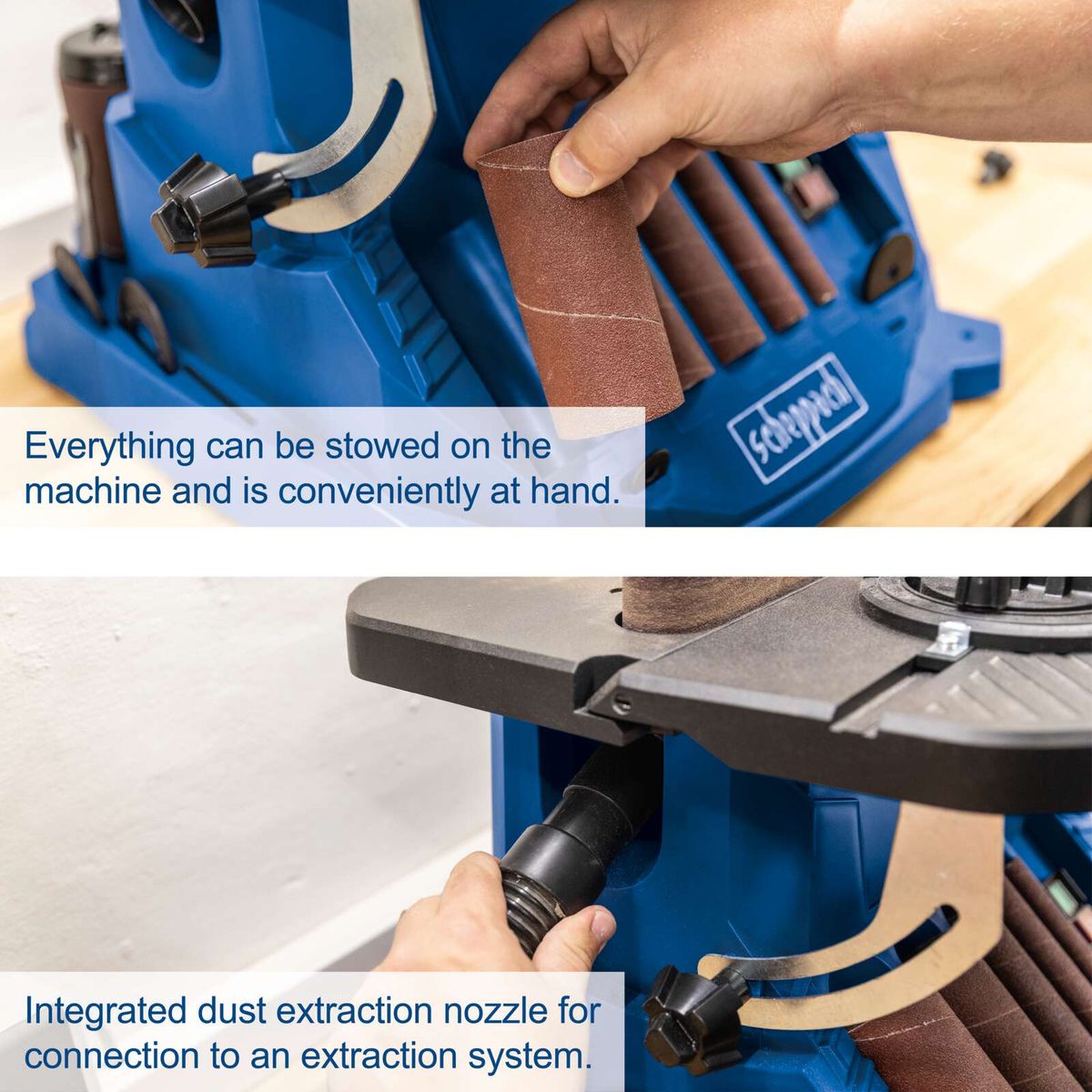 The oscillating edge, belt, and spindle sander OSM600 by Scheppach features convenient storage for all accessories on the machine and an integrated dust extraction nozzle for connection to an extraction system.