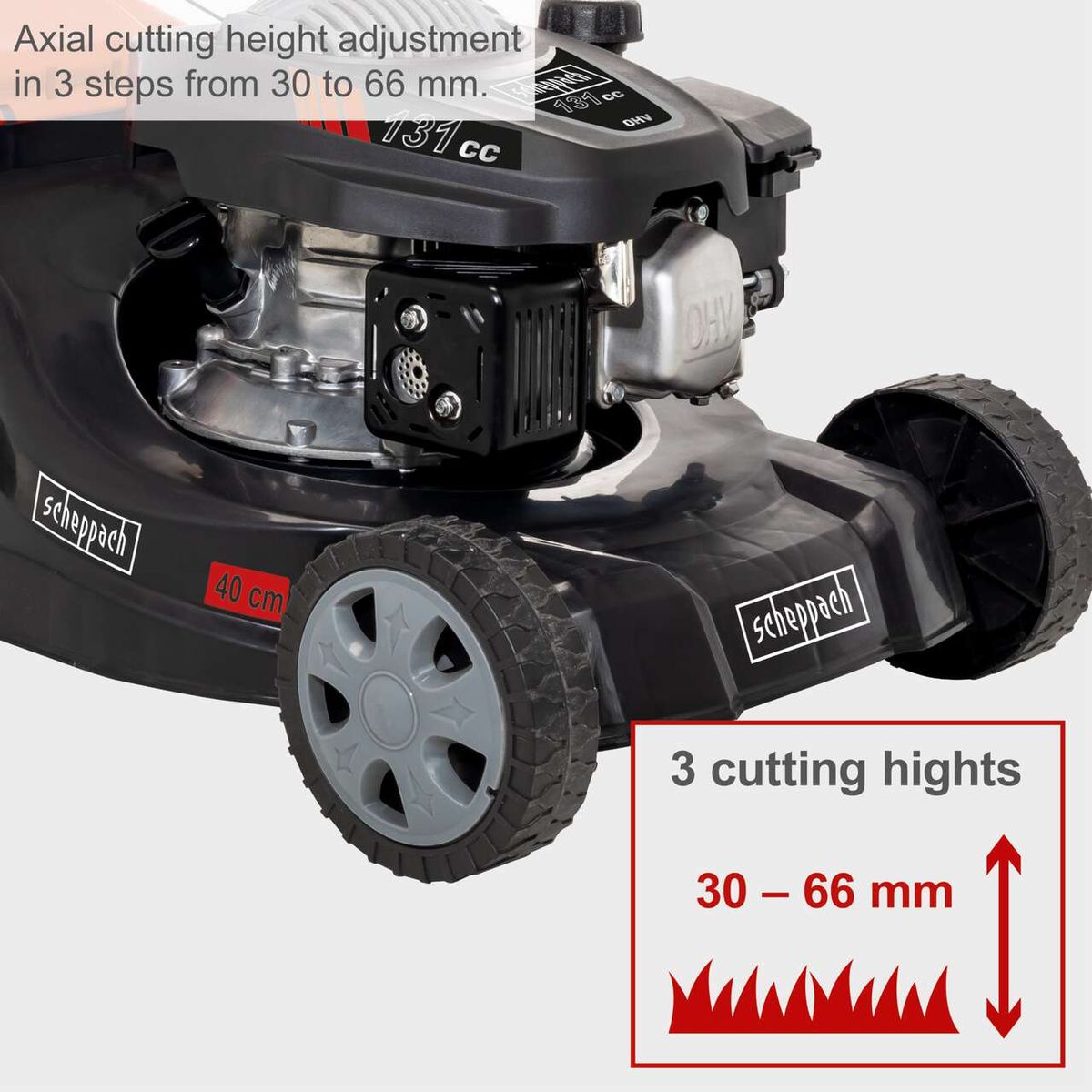 The Scheppach petrol lawnmower MP132-40 features axial cutting height adjustment in 3 steps from 30 to 66 mm. The cutting width is 40 cm. The engine has a capacity of 131 ccm.