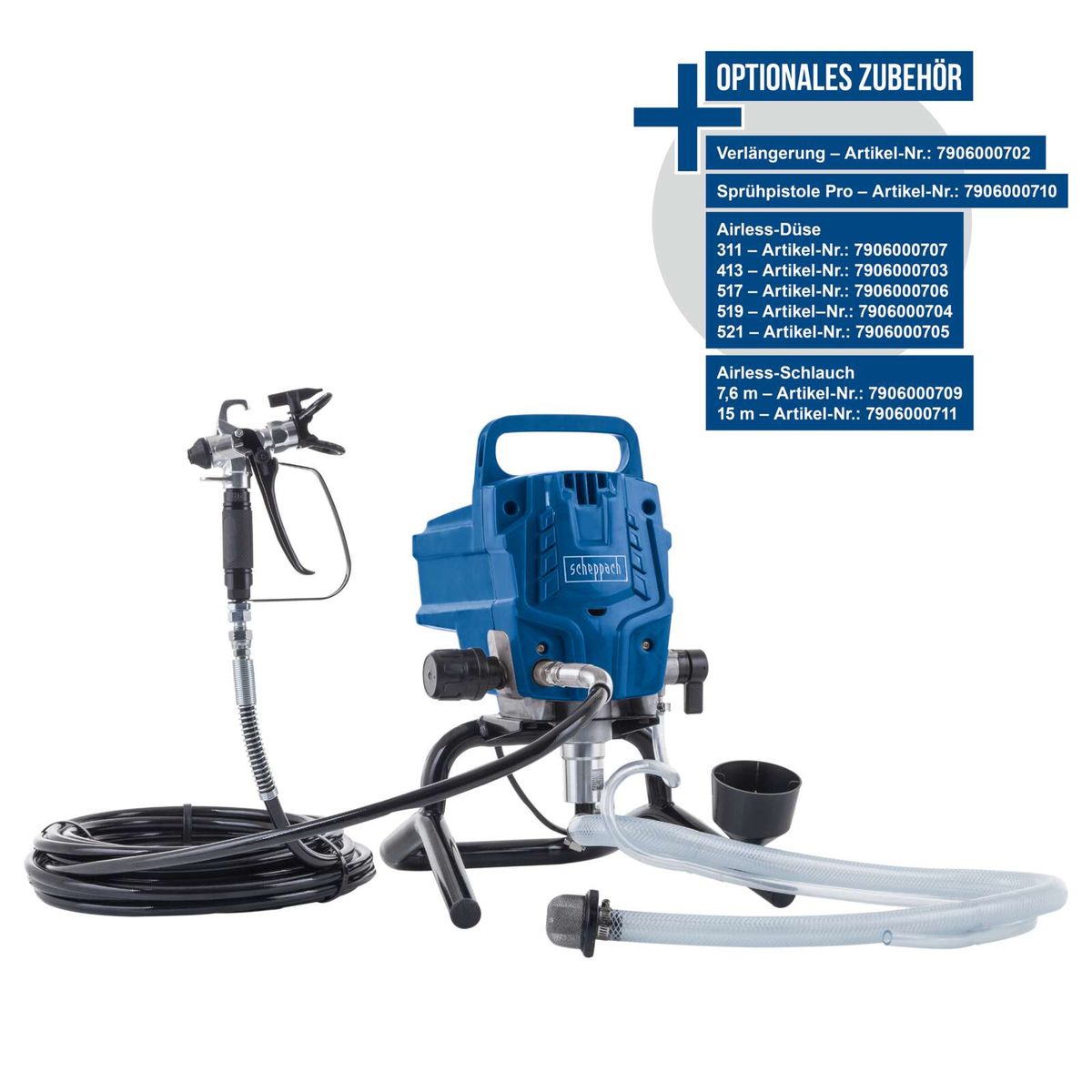 Scheppach Airless-Sprühsystem mit optionaler Verlängerung, Sprühpistole und Airless-Düsen sowie Schläuchen