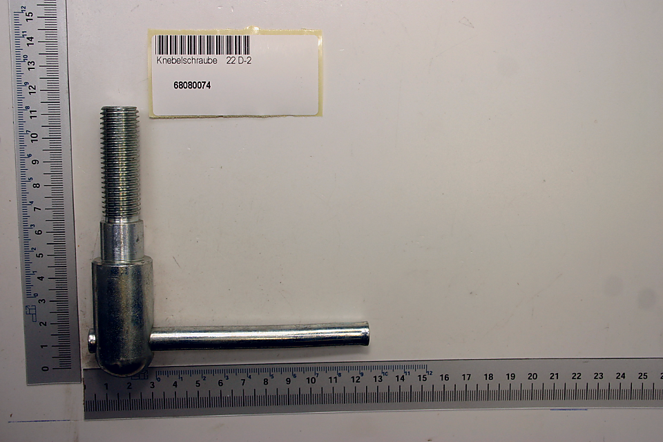 Ein XX Knebelschraube 22 D-2 von Scheppach, gezeigt von der Seite mit einem Maßstab im Hintergrund.