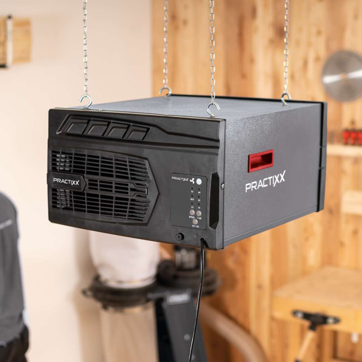 Luftreiniger PX-LR-400 Practixx mit Filterleistung von 740 m³/h, geeignet für Werkstätten bis 400 m². Inkl. Filterset. Gezeigt von der Seite mit Bedienelementen und Lüftungsgitter.