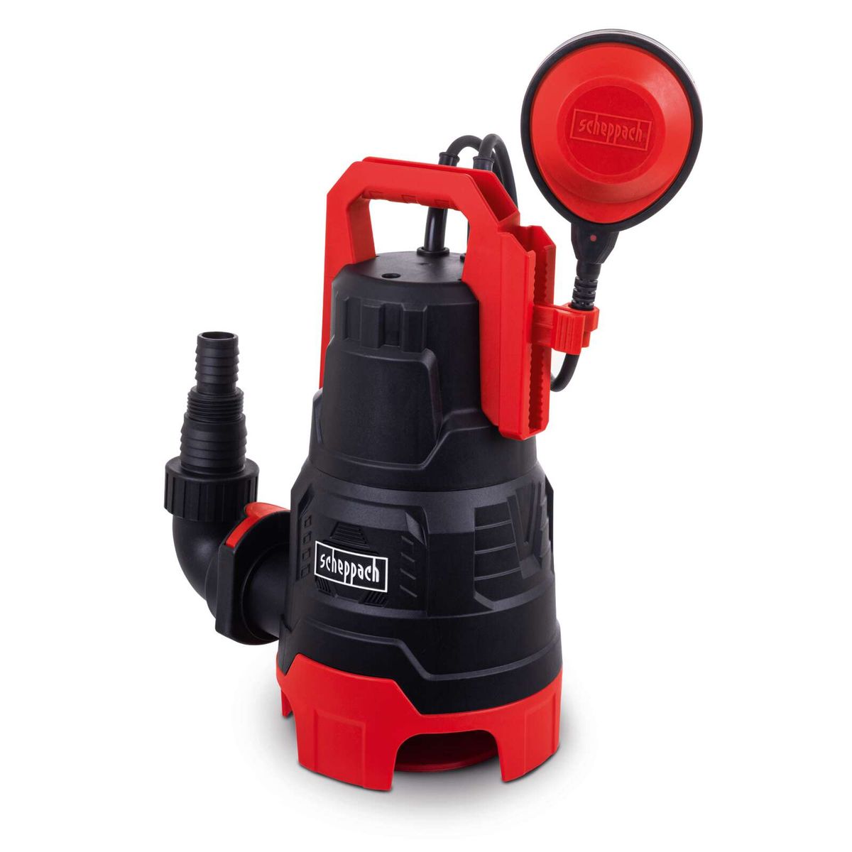 Schmutzwasserkombipumpe DWP400 mit 400W Leistung, 9000L/h Fördermenge, 0,6bar Pumpendruck und 7m Eintauchtiefe. Gezeigt von der Seite mit Einlass und Auslassanschluss.