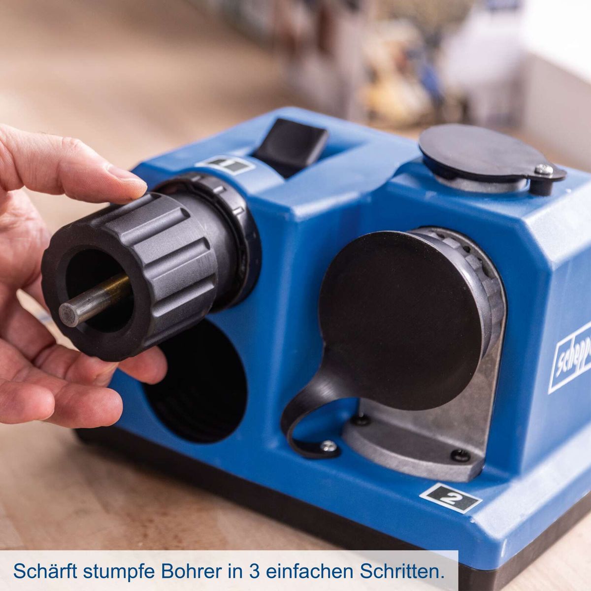 Scheppach-Werkzeug zum Schärfen stumpfer Bohrer mit Anleitung für drei einfache Schritte