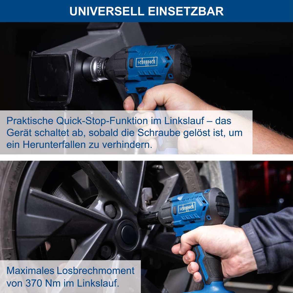 Scheppach-Werkzeug mit praktischer Quick-Stop-Funktion im Linkslauf zur Vermeidung von Herunterfallen, maximales Losbrechmoment von 370 Nm