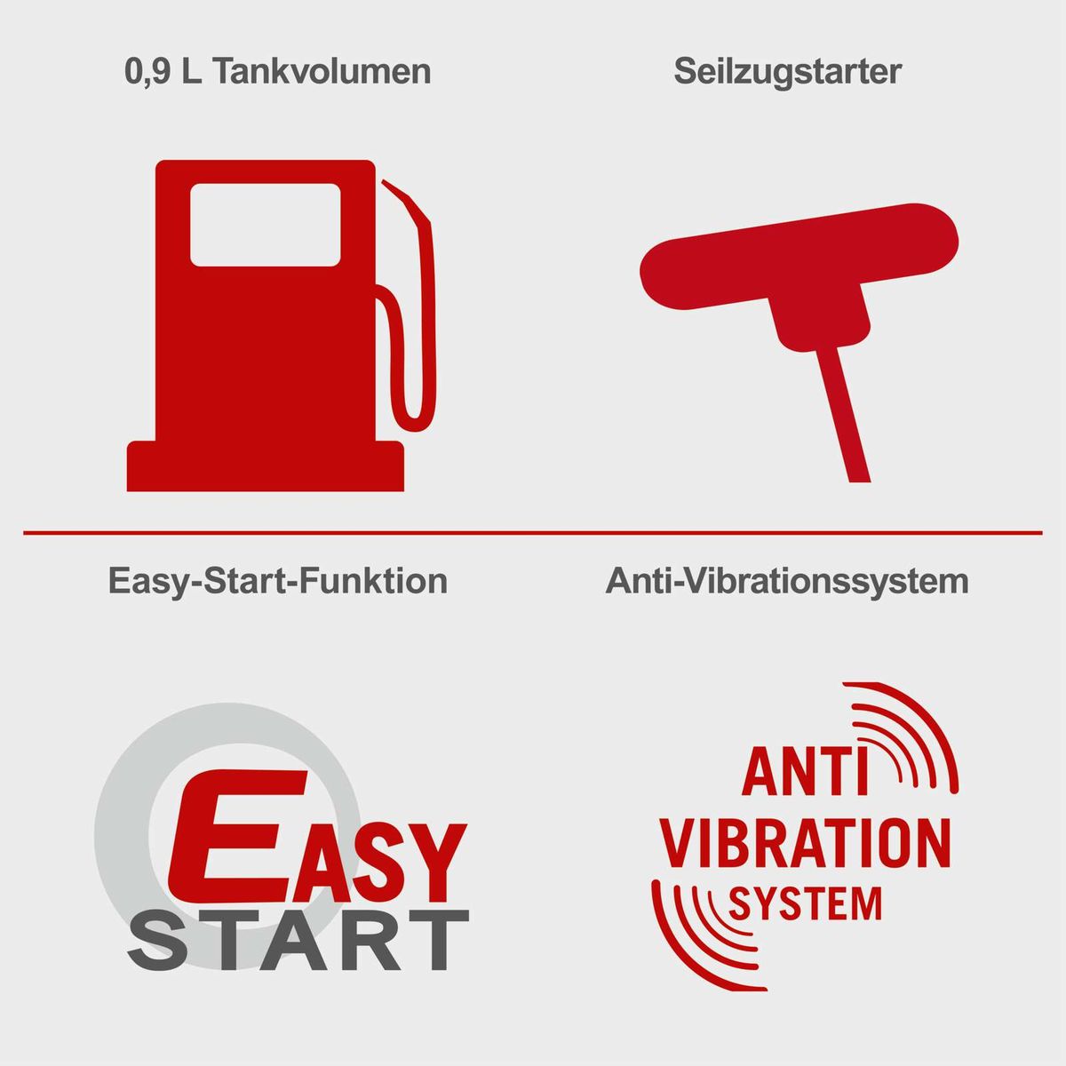 Das Produkt verfügt über ein Tankvolumen von 0,9 Litern, einen Seilzugstarter, eine Easy-Start-Funktion und ein Anti-Vibrationssystem.