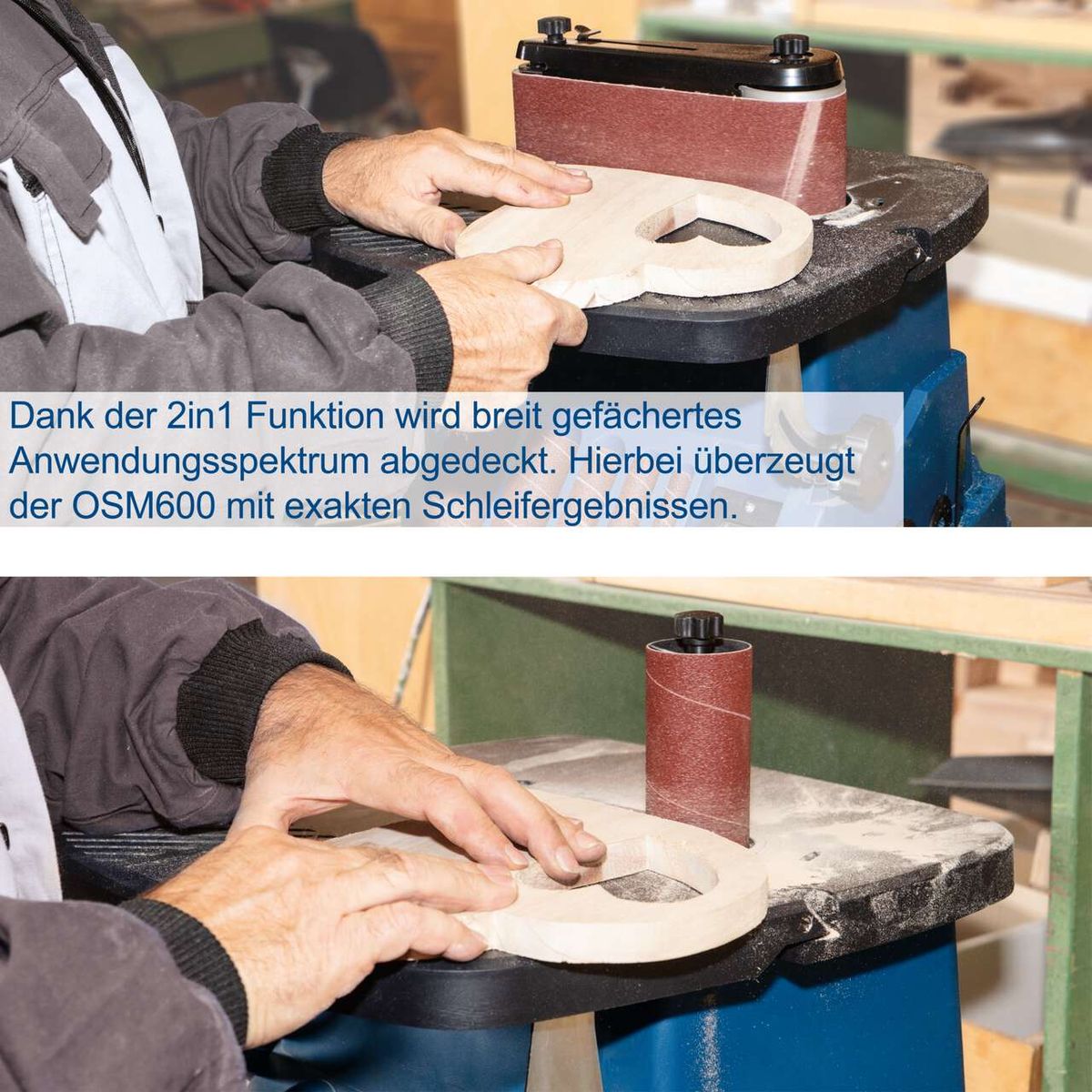 Scheppach-Oszillierschleifer OSM600 mit 2-in-1-Funktion für präzises Schleifergebnis, Text zur Anwendungsspektrum und Schleifkombinationen.