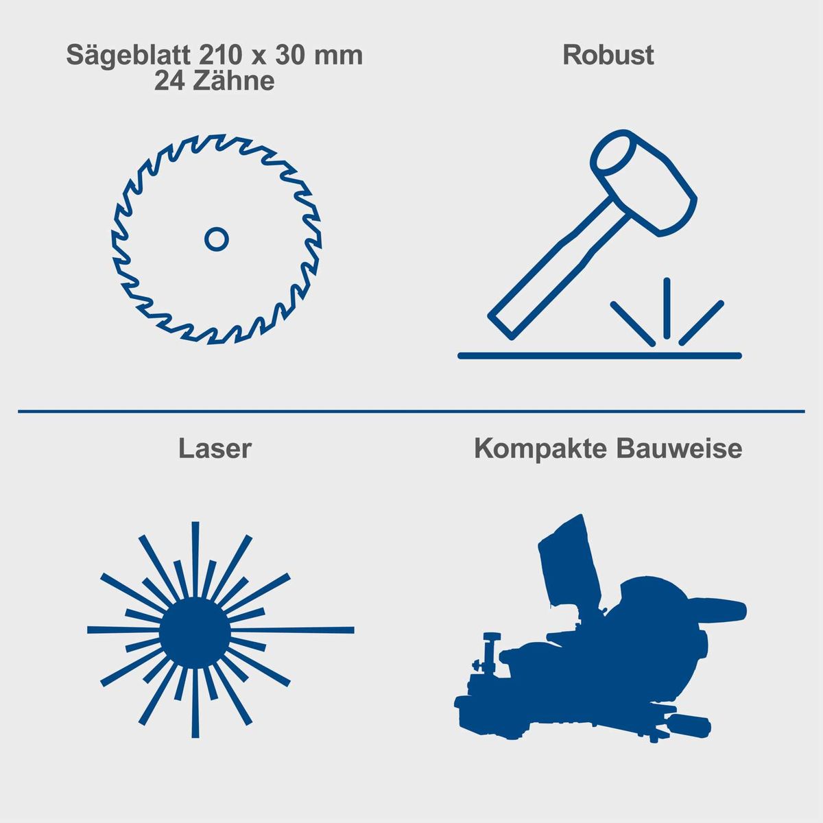 Technische Merkmale: Robuste Sägeblattgröße 210 x 30 mm mit 24 Zähnen, kompakte Bauweise, präzise Lasermarkierung, robuste Verarbeitung für präzise Kapp- und Gehrungsschnitte