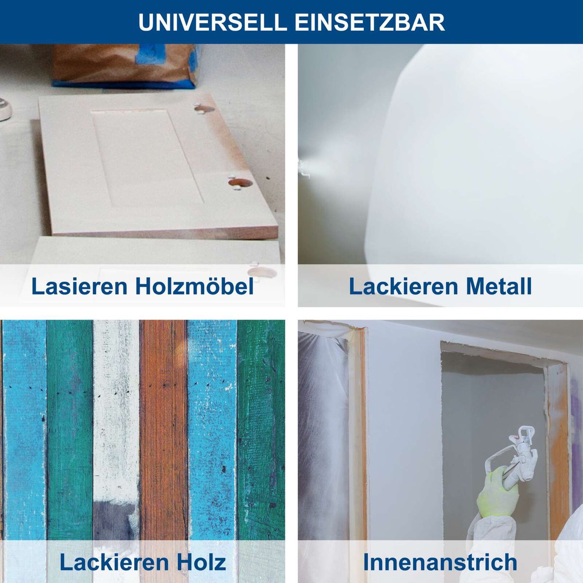 Werkzeuge für verschiedene Oberflächenbehandlungen: Holzlasur, Metalllackierung, Holzlackierung und Innenanstrich