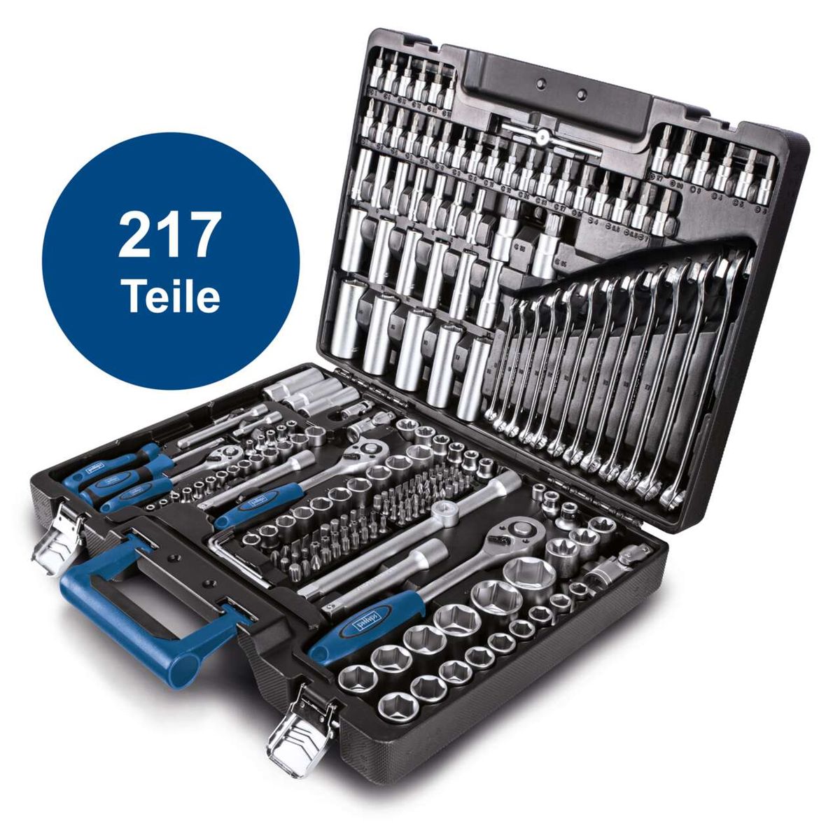 Der Werkzeugkoffer TB217 von Scheppach enthält 217 Teile, darunter verschiedene Stecknüsse, Ratschen, Nussaufsätze und Spezialwerkzeuge. Ideal für professionelle Anwendungen.