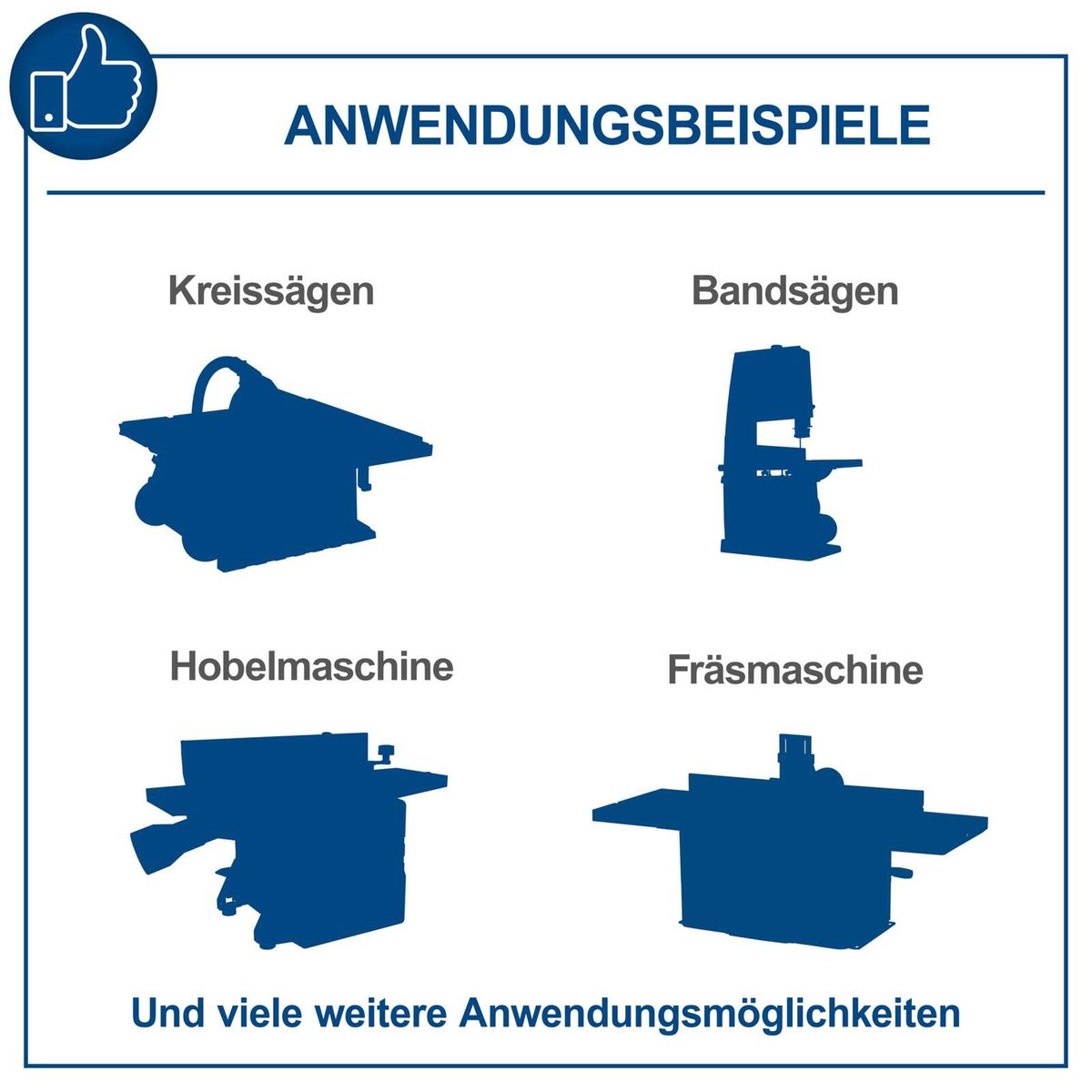 Illustrations von Scheppach-Werkzeugen: Kreissäge, Bandsäge, Hobelmaschine, Fräsmaschine mit Anwendungsbeispielen