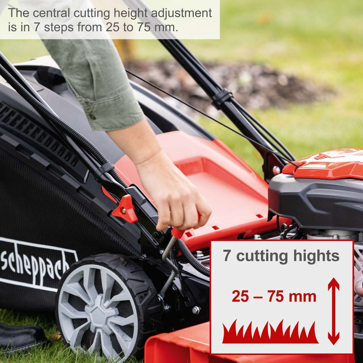 The Scheppach Self-Propelled Petrol Lawnmower MS225-56E features a central cutting height adjustment in 7 steps from 25 to 75 mm.
