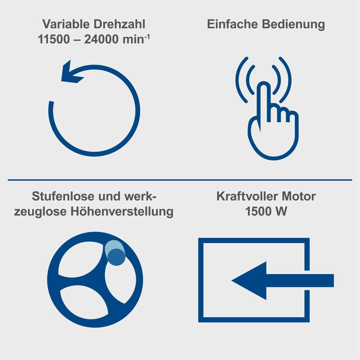 Die Fräsmaschine HF50 bietet variable Drehzahl von 11500 bis 24000 min⁻¹, einfache Bedienung, stufenlose und werkzeuglose Höhenverstellung sowie einen kraftvollen Motor mit 1500 W.