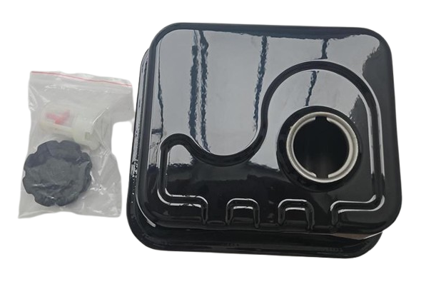 Benzintank mit Deckel und Filter, Ansicht von oben. Inklusive Dichtungsring und Filterelement in separater Verpackung.