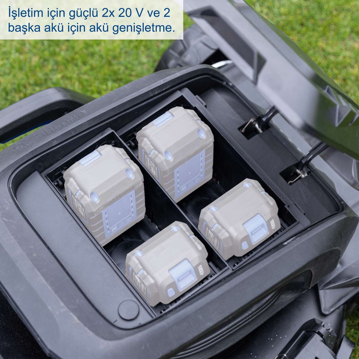 The battery-powered lawnmower BC-MP470-X by Scheppach supports up to 2x 20 V batteries and features a battery expansion for 2 additional batteries.