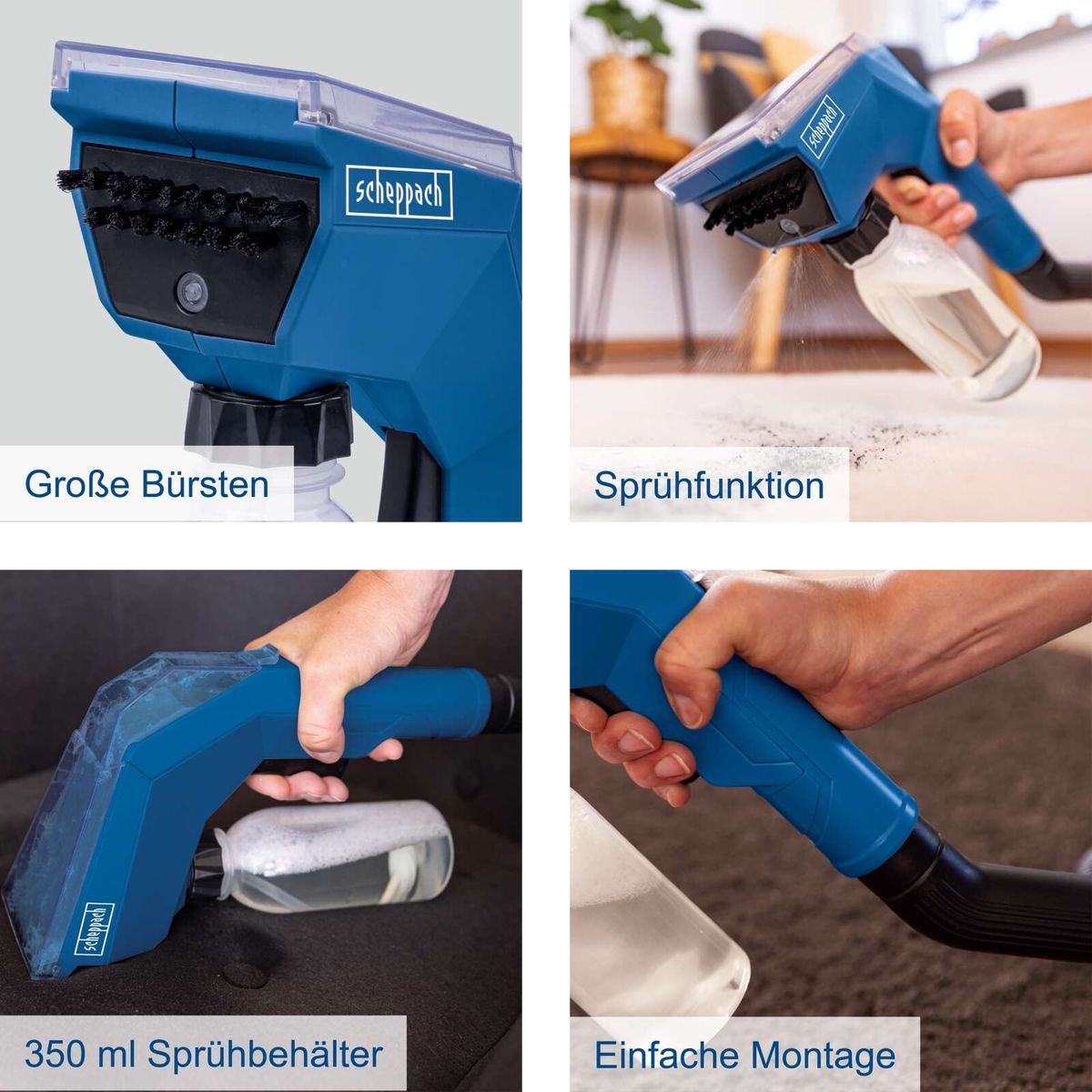 Scheppach Polsterreinigungsbürste mit großen Bürstenköpfen, Sprühfunktion, 350 ml Sprühbehälter und einfacher Montage für Reinigung von Polstern und Textilien
