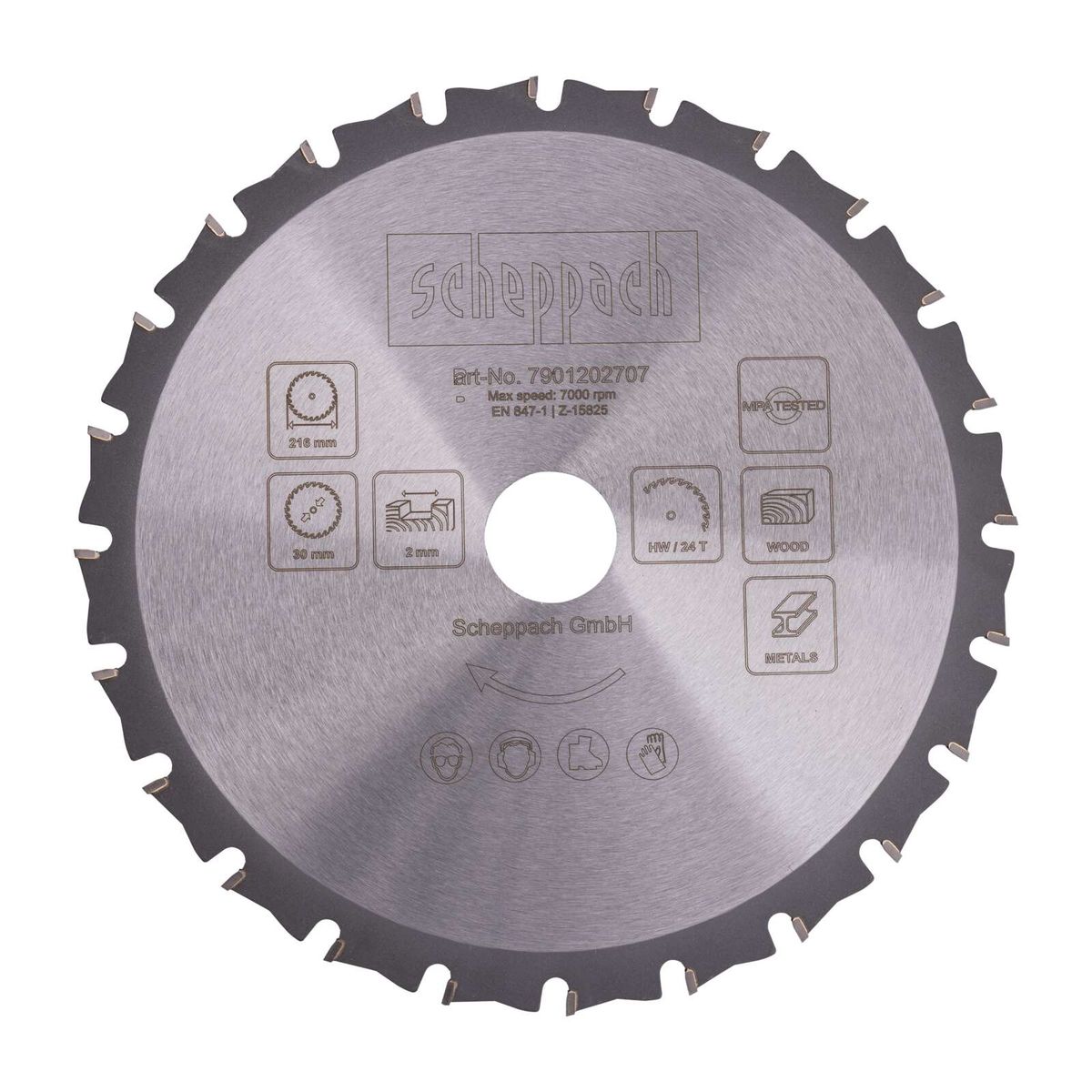 Scheppach-Kettensägeblatt mit Art.-Nr. 7901202707, Maximalgeschwindigkeit 7000 U/min, EN 847-1 Z-15825-zertifiziert, 216 mm Durchmesser, 30 mm Kerndurchmesser, 2 mm Kerndickeität, für Holz und Metall geeignet