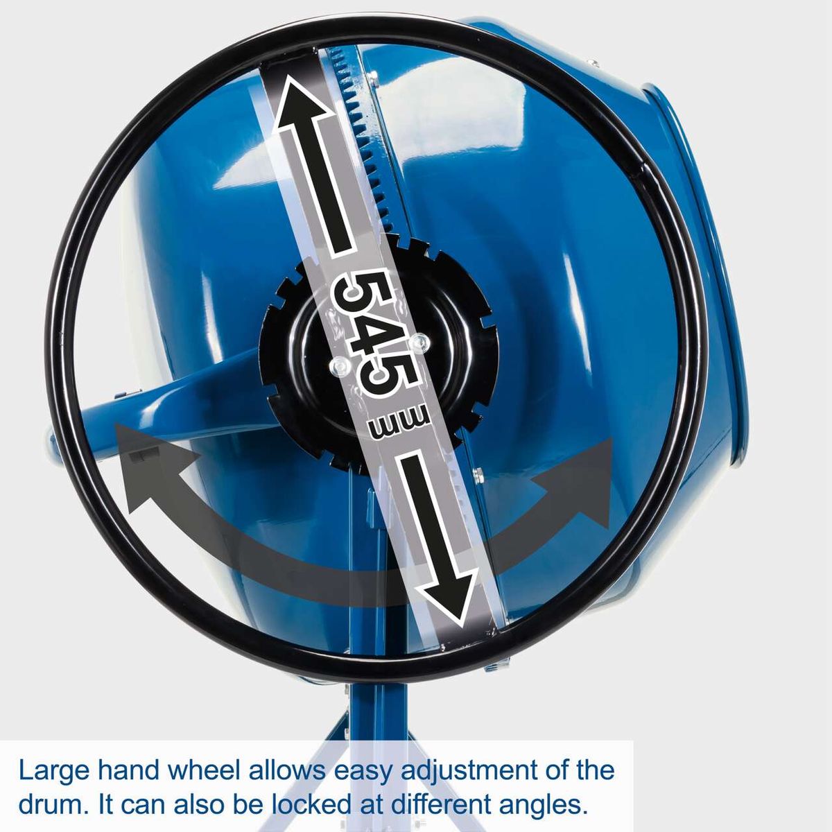 The Scheppach Concrete Mixer MIX140 features a large hand wheel for easy adjustment of the drum. It can also be locked at different angles.