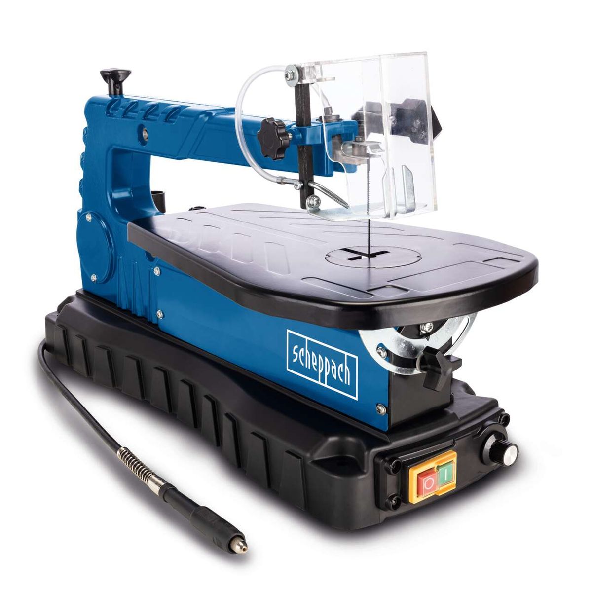 Die Dekupiersäge DECO FLEX SL von Scheppach verfügt über eine variable Drehzahlregelung und ein LED-Licht für präzises Arbeiten. Sie hat eine Leistung von 90W und arbeitet mit 230-240V bei 50Hz. Die Säge kann mit einem flexiblen Schaft betrieben werden.