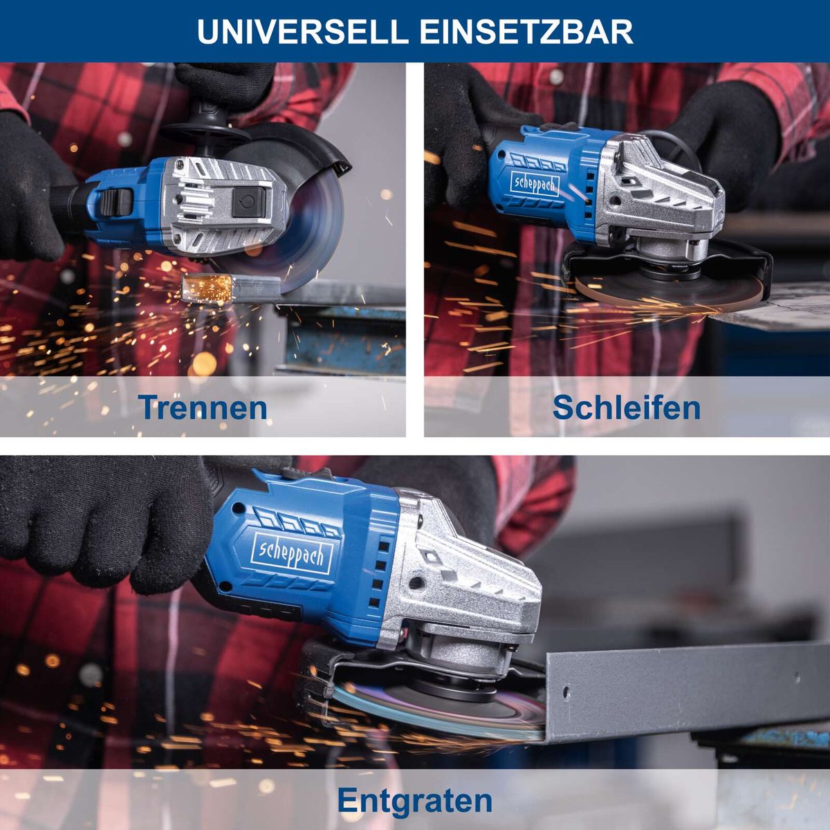 #{Versatzstück-Set für Akku-Winkelschleifer} – Universalwerkzeuge für Trennen, Schleifen und Entgraten mit Scheppach-Werkzeugen.