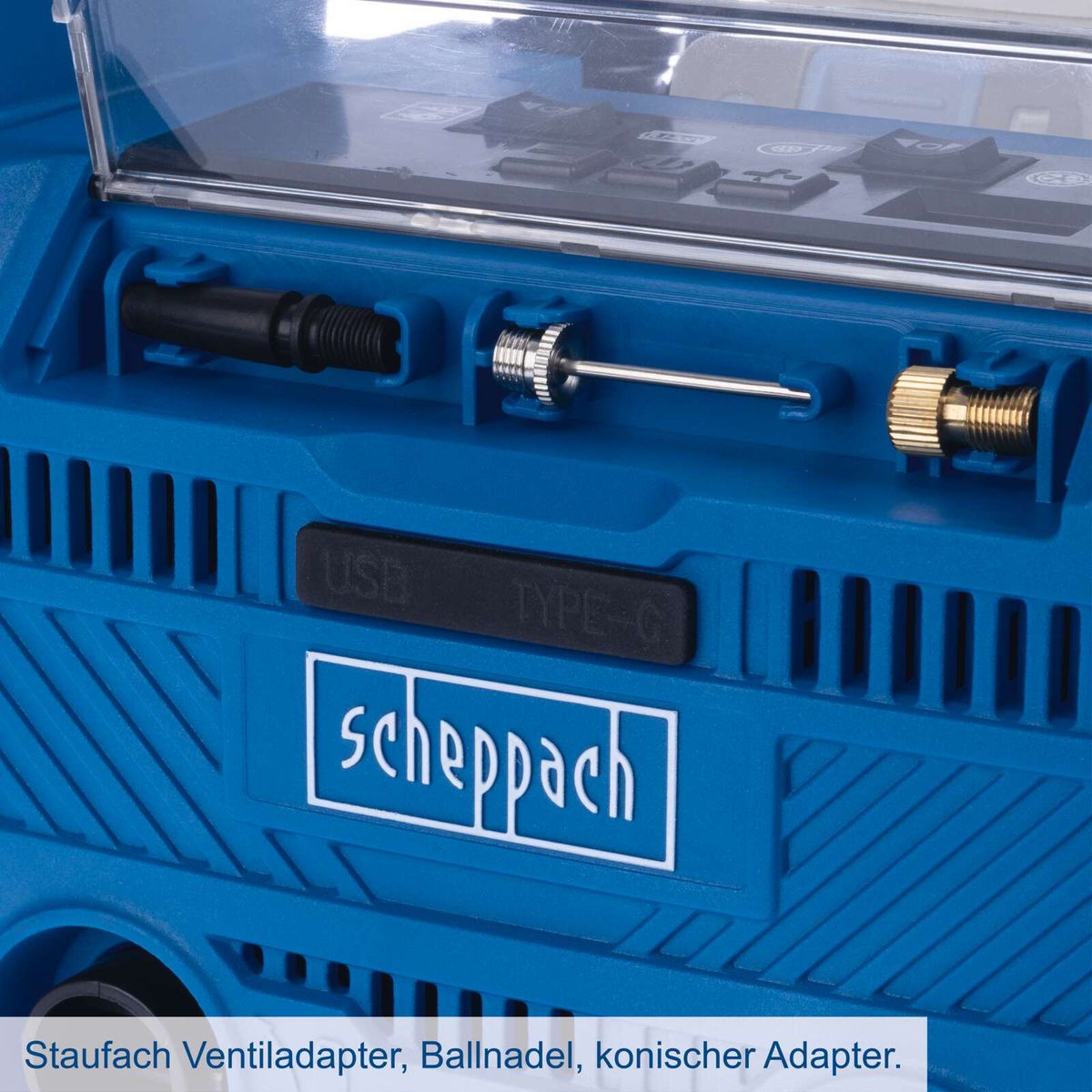 Staufach-Ventiladapter, Ballnadel und konischer Adapter für Scheppach-Hybridkompressor