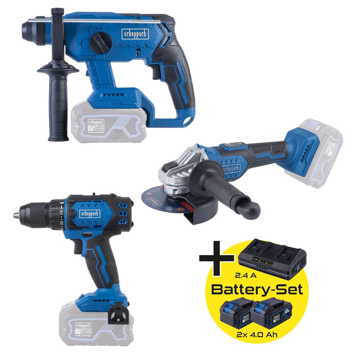 Scheppach-Werkzeugset mit Akku-Drill, Akku-Schrauber, Akku-Bohrmaschine und Akku-Werkzeugset mit zwei 4,0 Ah-Batterien und Ladegerät