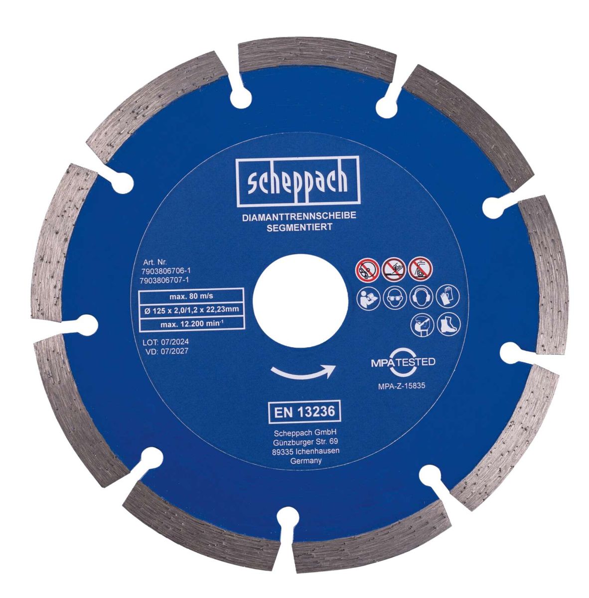 Diamanttrennscheibe Mauernutfräse von Scheppach, Artikelnummer 7903806706-1, max. 80 m/s, 125 x 2,0/1 x 22,23 mm, max. 12.200 min^-1, EN 13236, MPA getestet.