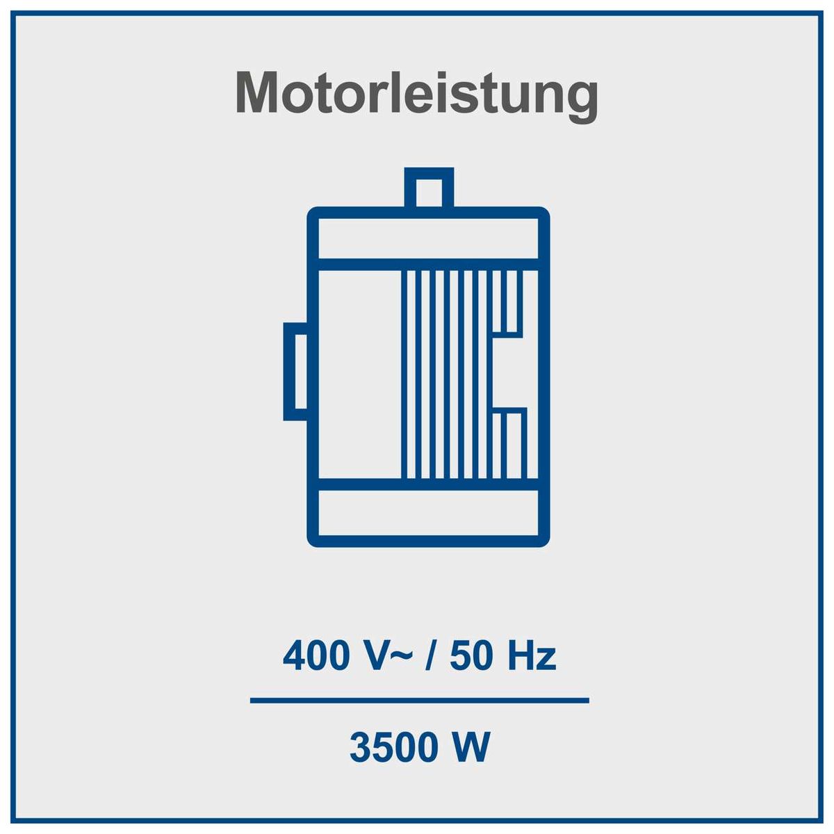 Der Holzspalter HL810 von Scheppach hat eine Motorleistung von 3500 Watt und arbeitet mit 400 Volt Wechselstrom bei 50 Hertz.
