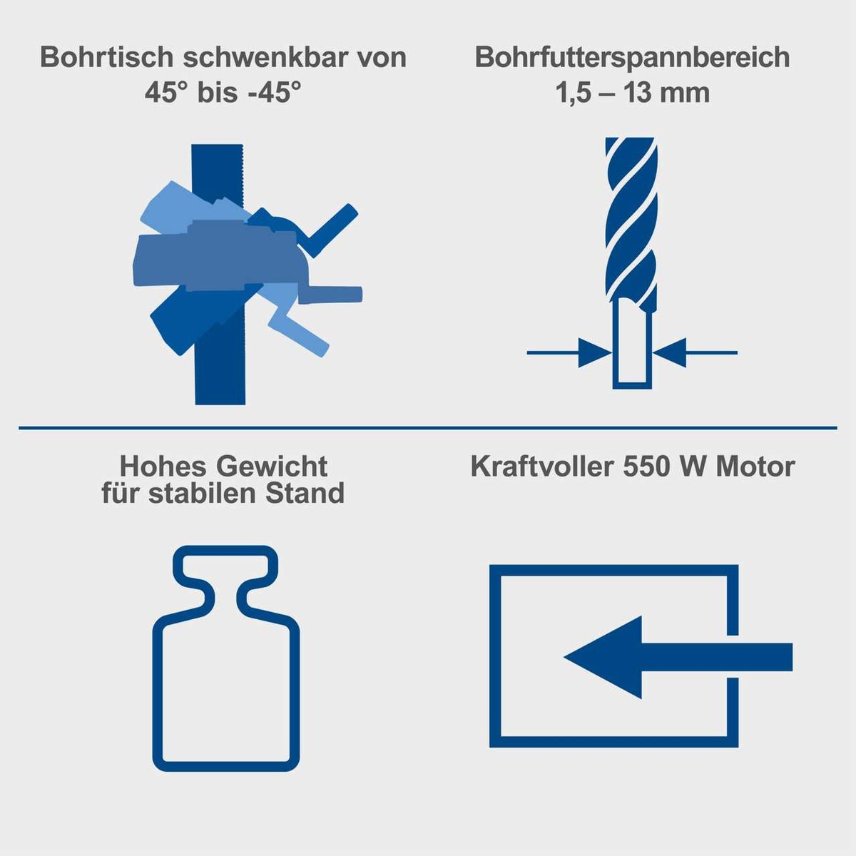 Winkelausrichtung von Bohrtisch von ±45°; Bohrspannbereich 1,5–13 mm; stabiler Stand durch hochwertiges Gewicht; 550-W-Motor mit variabler Drehzahl