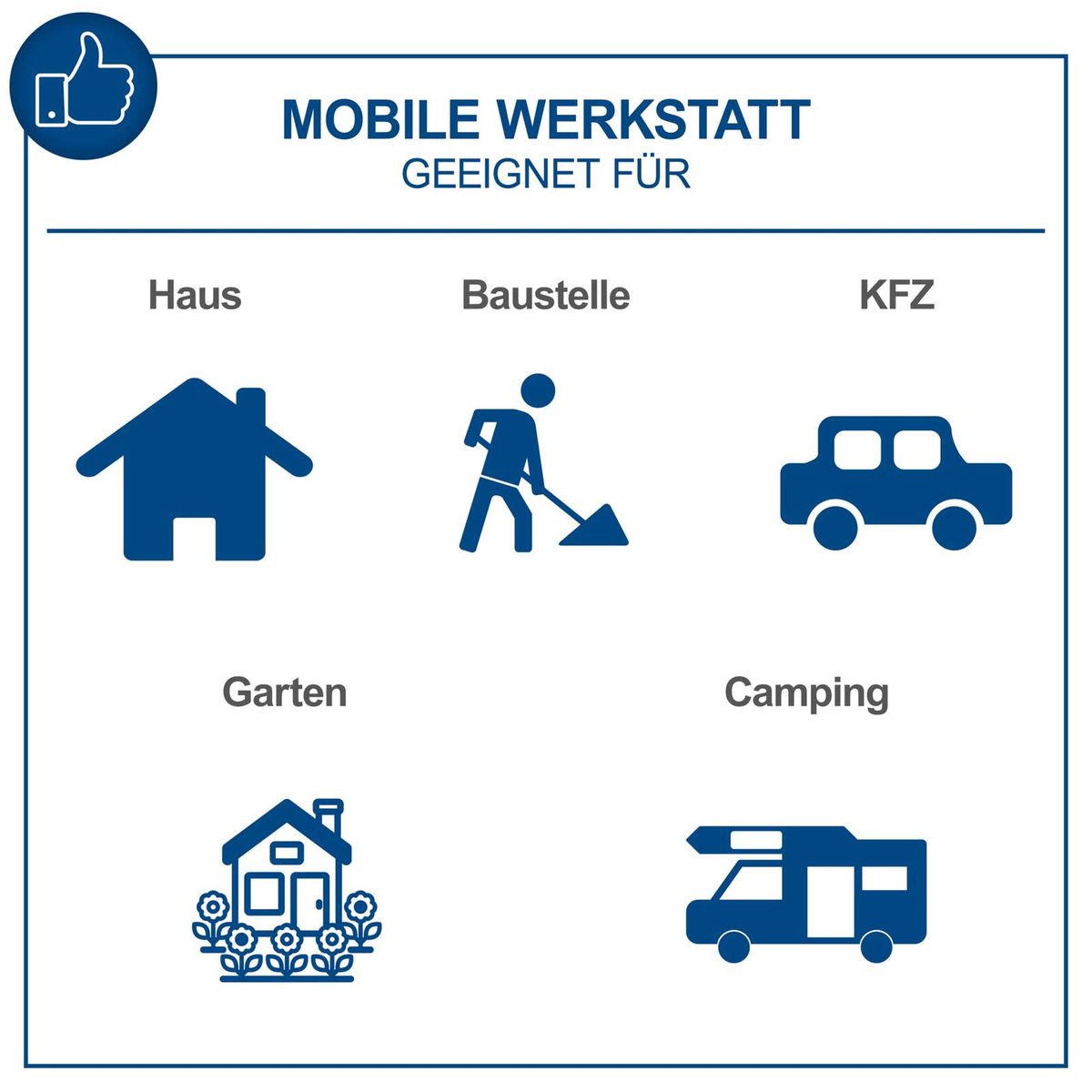 Mobile Werkstatt geeignet für Haus, Baustelle, KFZ, Garten und Camping. Enthält Werkzeuge für verschiedene Anwendungen.