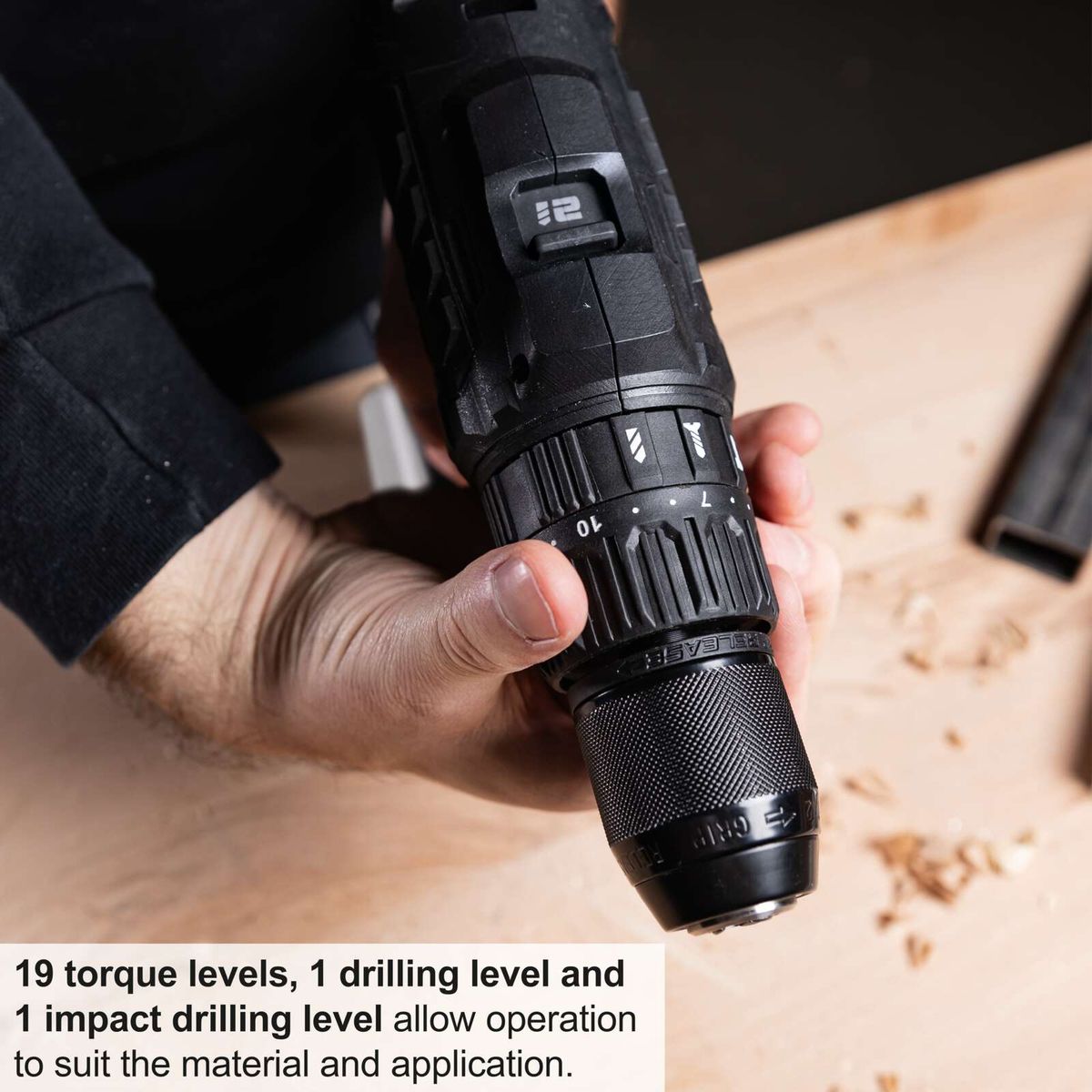 The cordless impact drill C-SBS45BE-X by Scheppach features 19 torque levels, 1 drilling level, and 1 impact drilling level for versatile operation. Suitable for various materials and applications.