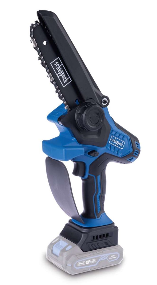 Akku-Gehölzschneider BC-PS150-X Scheppach, seitliche Ansicht, schwarzes und blaues Gehäuse, Griff und Sägeblatt sichtbar.