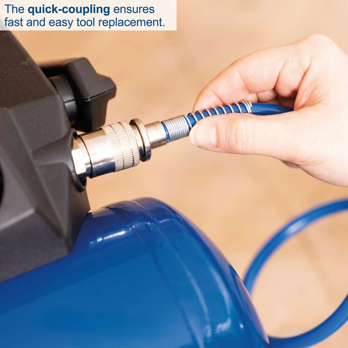 The Scheppach HC06 air compressor features a quick-coupling for fast and easy tool replacement.