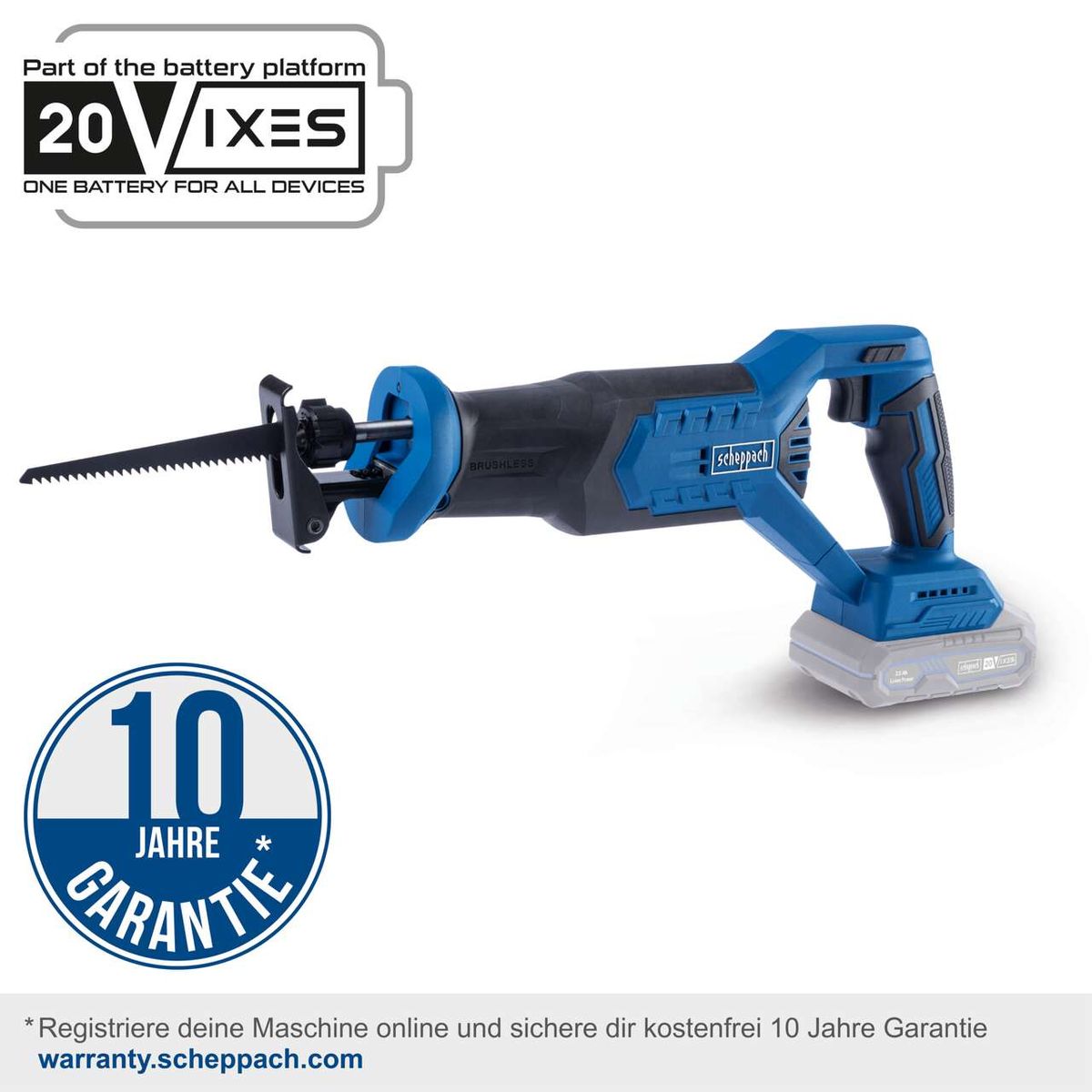 Akku-Säbelsäge BC-RS250-X von Scheppach. Teil der 20VIXES Batterieplattform. 10 Jahre Garantie bei Online-Registrierung. Brushless-Motor. Hublänge 28mm, Hubzahl 0-3000 min-1.