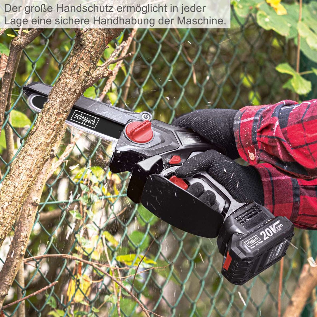 Der große Handschutz ermöglicht in jeder Lage eine sichere Handhabung der Maschine.