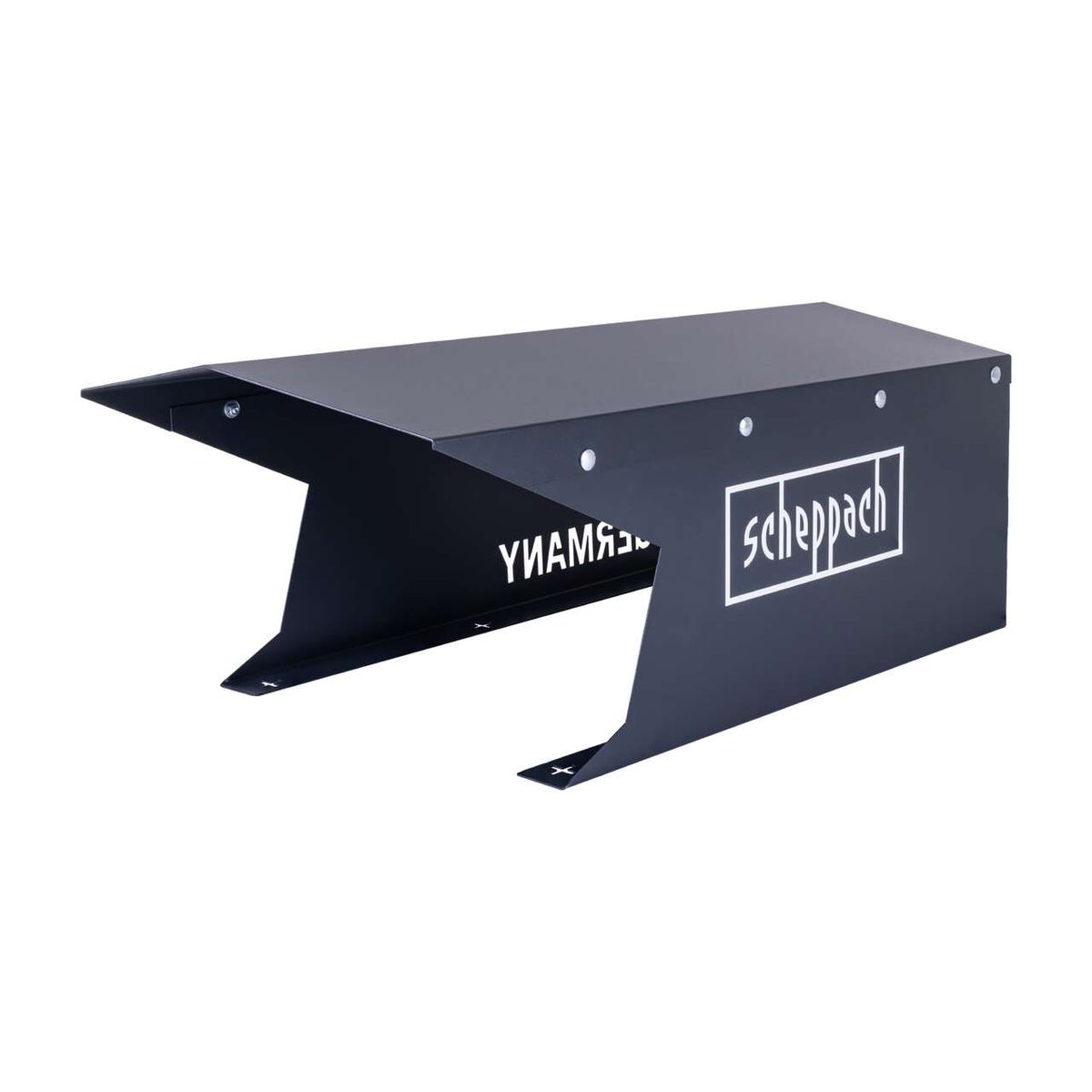 Garage für Rasenmähroboter RoboHome mit seitlichem Einfahrschutz und Befestigungslöchern für sicheren Stand.