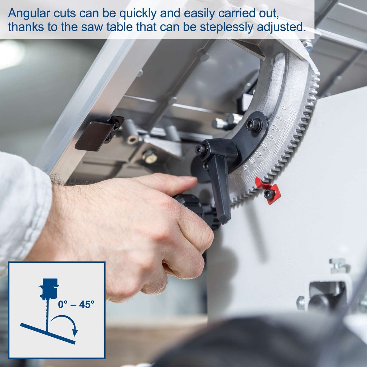 The bandsaw HBS261 by Scheppach allows quick and easy angular cuts thanks to a steplessly adjustable saw table. The table can be adjusted between 0° and 45°.