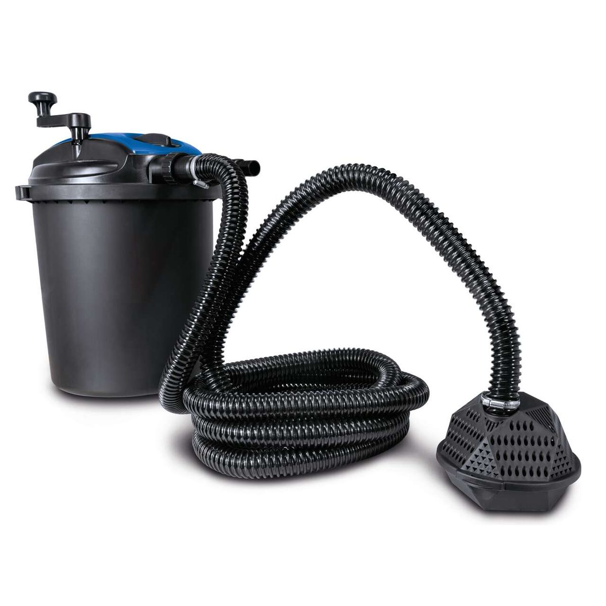 Teichdruckfilter Set PFS20000 von Scheppach mit 4.000L/h Fördermenge, 18W UV-C Lampe und 26L Tank. Enthält Filterbehälter, Schlauch und Bodenablauf.