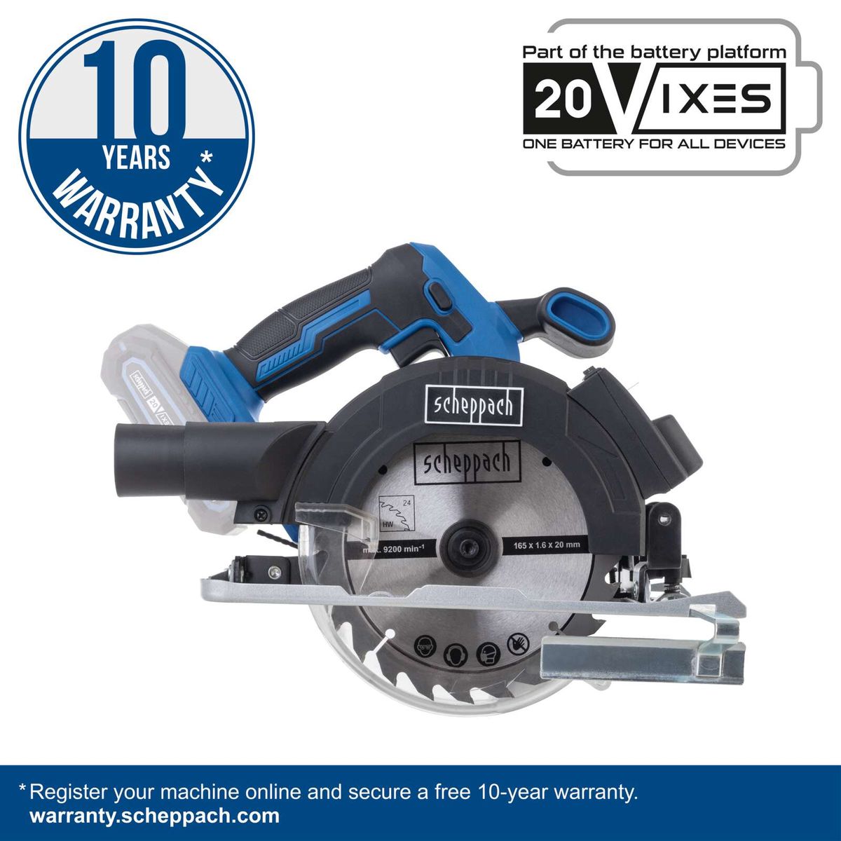 Scheppach tool with 10-year warranty, 20V battery platform for multiple devices, online registration for warranty coverage