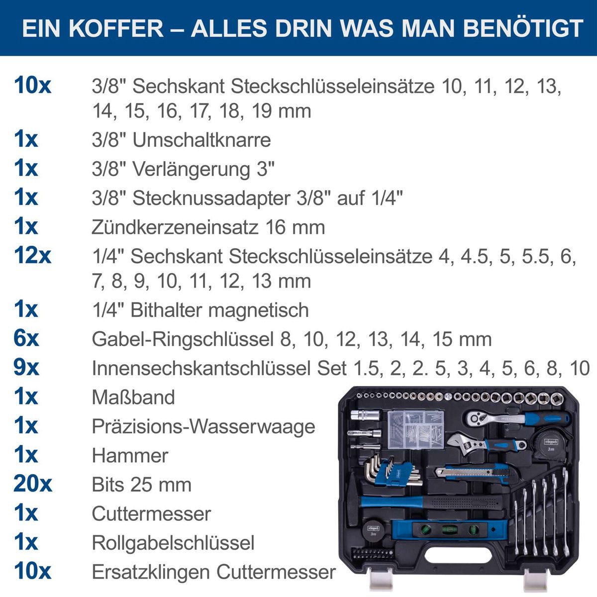 Werkzeugkoffer mit detaillierter Liste aller enthaltenen Schraubenschlüssel, Adapter und Werkzeuge für DIY-Projekte