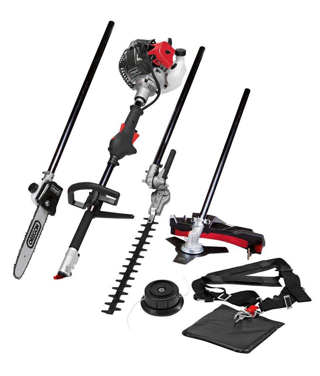 4in1 Multigartengerät MFH3300-4P von Scheppach. Enthält Motorsäge, Heckenschere, Astsäge und Erdbohrer. Inklusive Schultergurt und Tragehülle.
