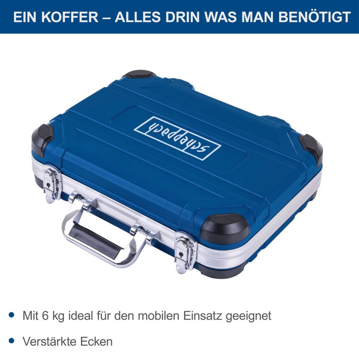 Der Werkzeugkoffer TB170 von Scheppach wiegt 6 kg und ist ideal für den mobilen Einsatz. Er verfügt über verstärkte Ecken für zusätzliche Stabilität.