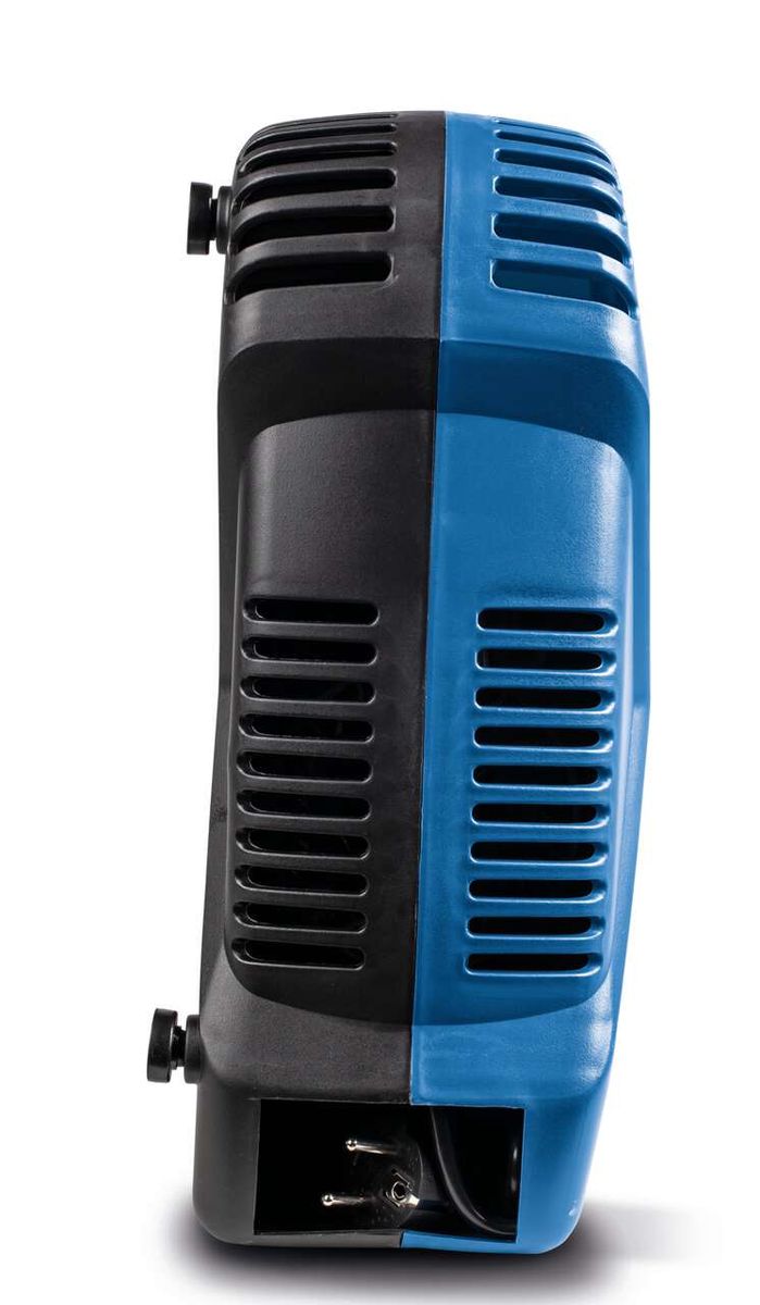 Kompressor Aircase Scheppach von der Seite gezeigt. Der Kompressor hat einen 2-Liter-Tank und eine Ansaugleistung von 180 Litern pro Minute. Er ist ölfrei und tragbar.
