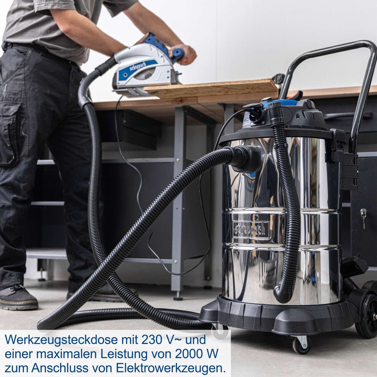 Elektro Nass-/Trockensauger VC50 Scheppach mit 230 V und einer maximalen Leistung von 2000 W zum Anschluss von Elektrowerkzeugen. 1400W Leistung, 3m Schlauchlänge, 5m Anschlusskabel, 50L Fassungsvermögen, 20kPa Saugkraft.