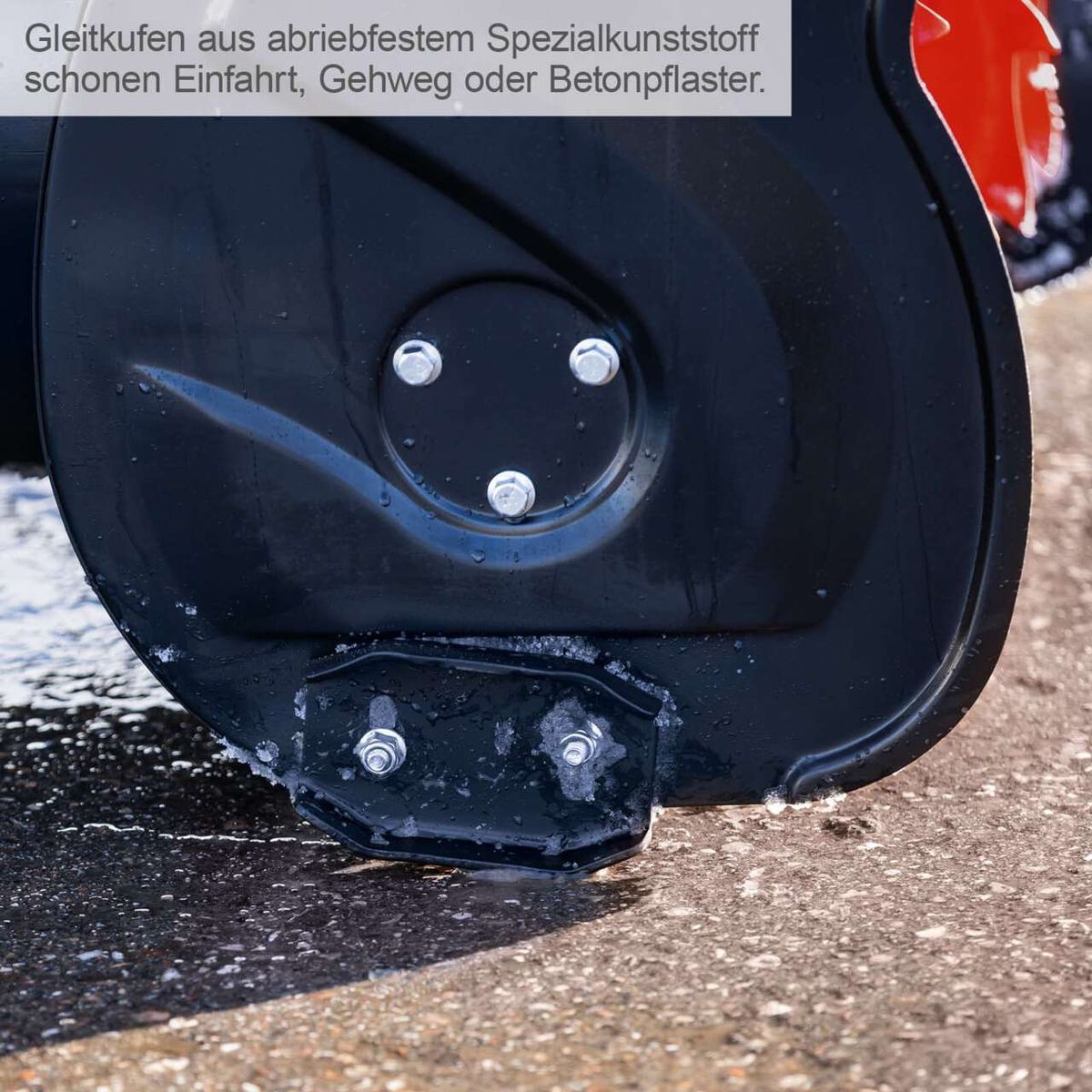 Abriebbeständige Gleitkufe für Schneefräse mit Beschriftung zu Einsatz auf glattem Untergrund, Gehweg oder Betonpflaster