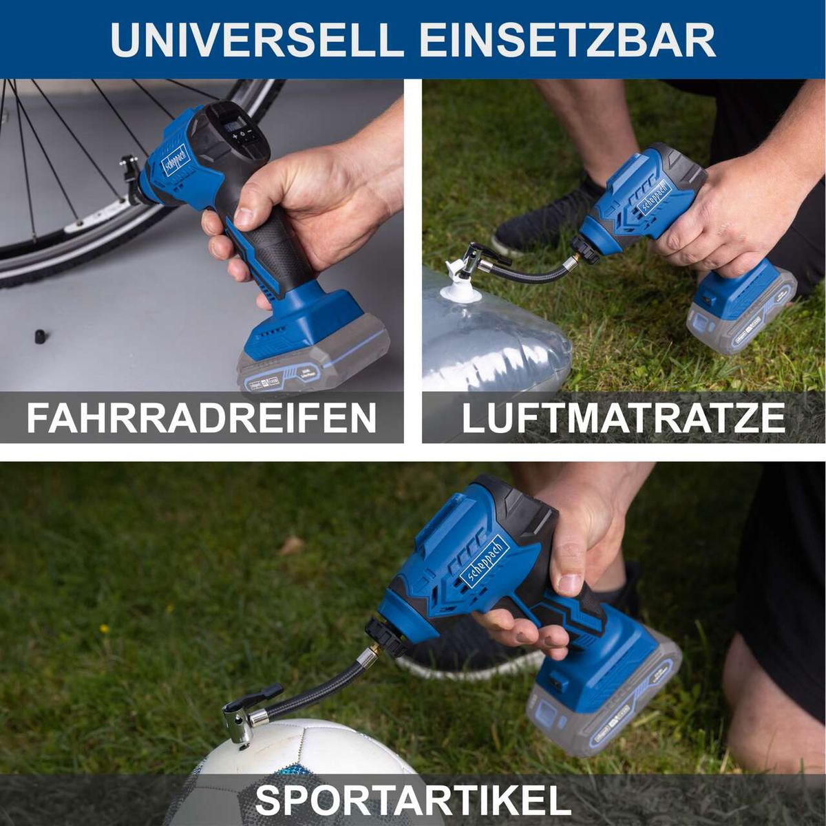 Der Akku-Handkompressor C-AC20-X von Scheppach hat einen Arbeitsdruck von 7 bar, ein LCD-Display und eine LED-Leuchte. Er ist universell einsetzbar für Fahrradreifen, Luftmatratzen und Sportartikel. Enthalten ist ein 6-teiliges Zubehörset.