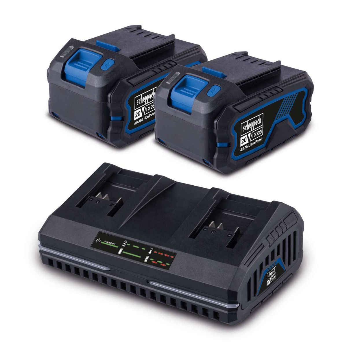 Scheppach Starter-Kit 4.0 SBSK4.0-Twin-F: Zwei 20V/4.0Ah Lithium-Ionen Akkus und ein Ladegerät mit LED-Anzeige für Ladezustand und Akku-Status. Das Ladegerät lädt beide Akkus gleichzeitig auf und zeigt den Ladezustand an.
