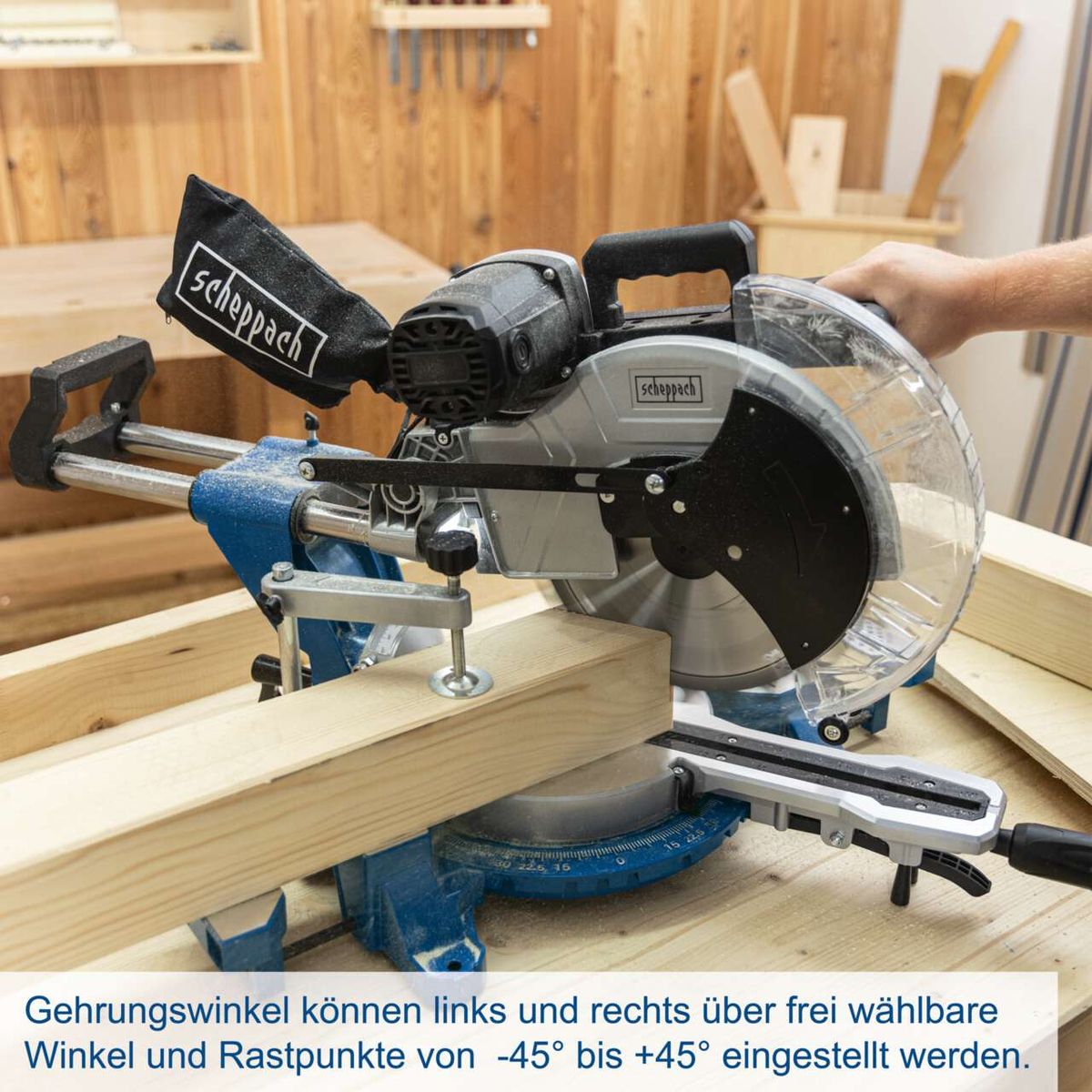 Scheppach-Kappzüg mit einstellbarem Schneidwinkel von -45° bis +45° für präzise Schnitte