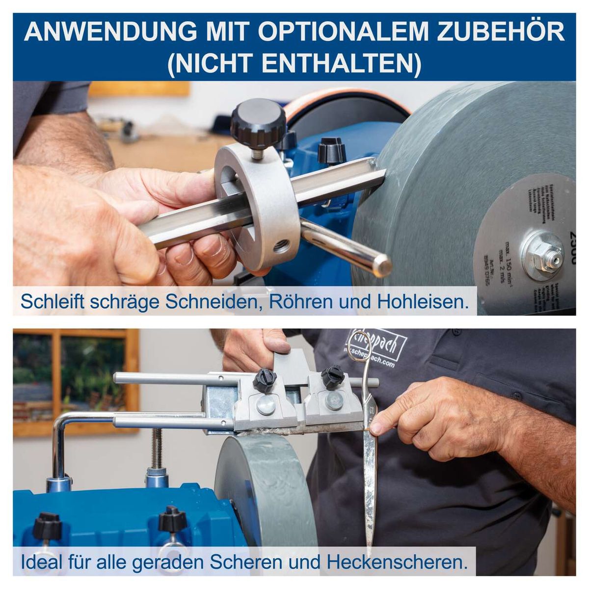 Das Nass-Schleifsystem TIGER 7000S Scheppach mit optionaler Winkel-Lehre zum Schleifen schräger Schneiden, Röhren und Hohleisen. Ideal für alle geraden Scheren und Heckenscheren.