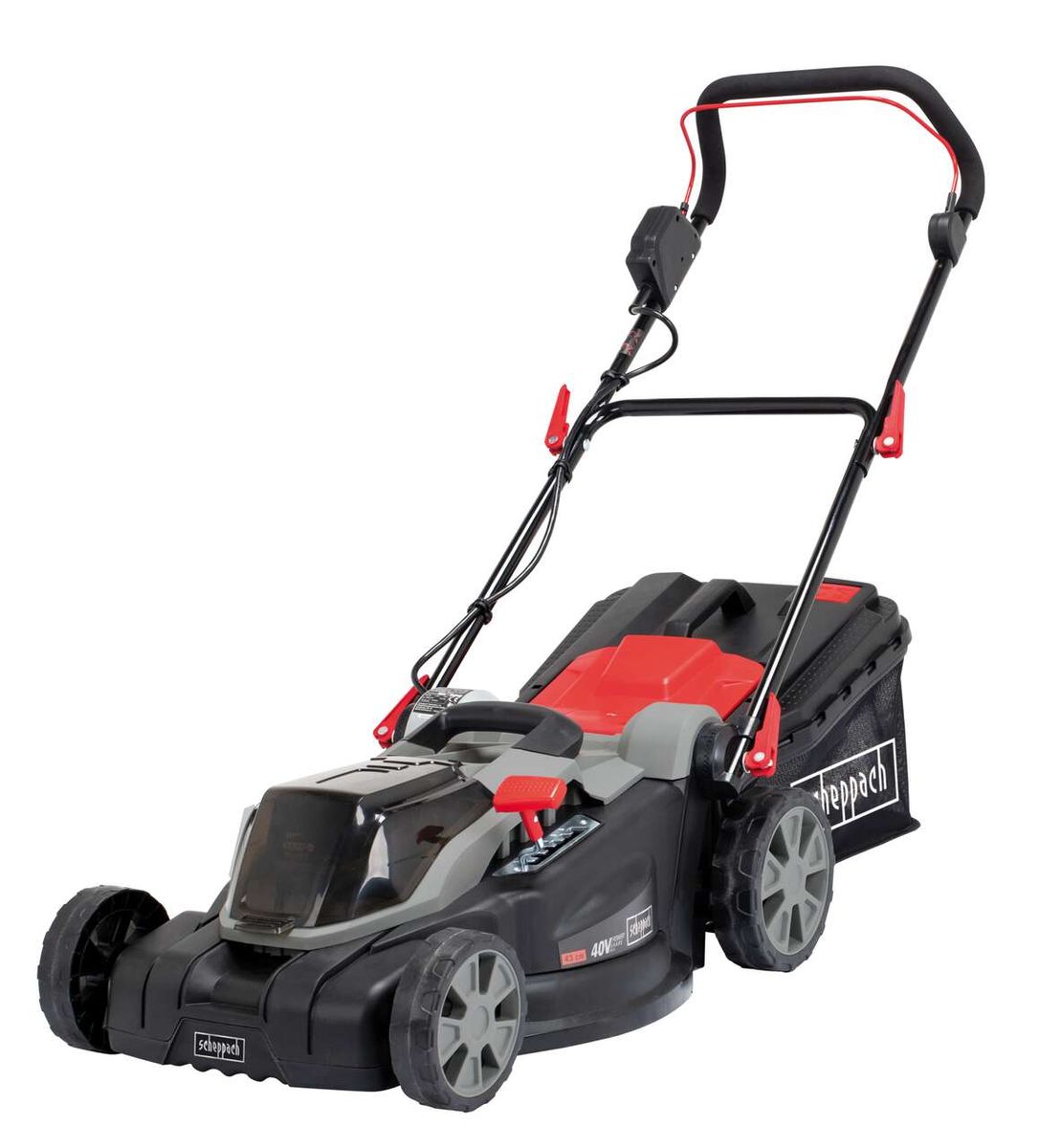 Akku-Rasenmäher MP43-40Li von Scheppach, seitlich von links gezeigt. Der Rasenmäher hat einen 430 mm breiten Schnitt und einen 45-Liter-Sammelbehälter. Er wird ohne Akku und Ladegerät geliefert.