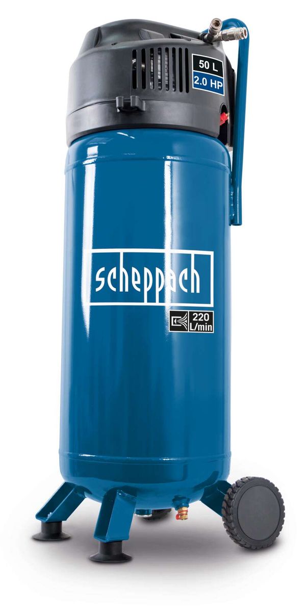 Scheppach Kompressor HC51V stehend, 50L Kessel, 230V, 1500W, ölfrei und wartungsarm. Ansicht von der Seite.
